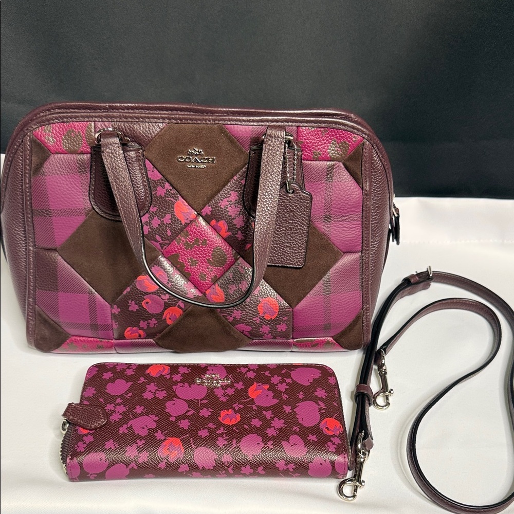 Coach Magenta Floral Patchwork Satchel with Matching Wallet